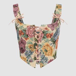 Retro Floral Tie On Front Corset Top - OCHRE / S